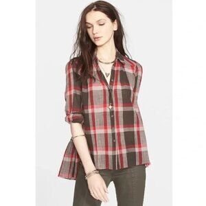 Free People Peppy in Plaid Red & Brown Plaid Long Sleeve M